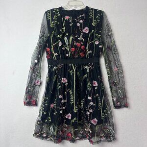 Dress sz‎ L black floral embroidered sheer sleeves knee whimisgoth fairygrunge